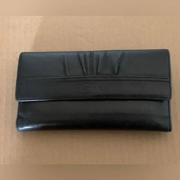 Vintage Coach Soho Pleated Leather Wallet Tri Fold Black Card Holder Checkbook